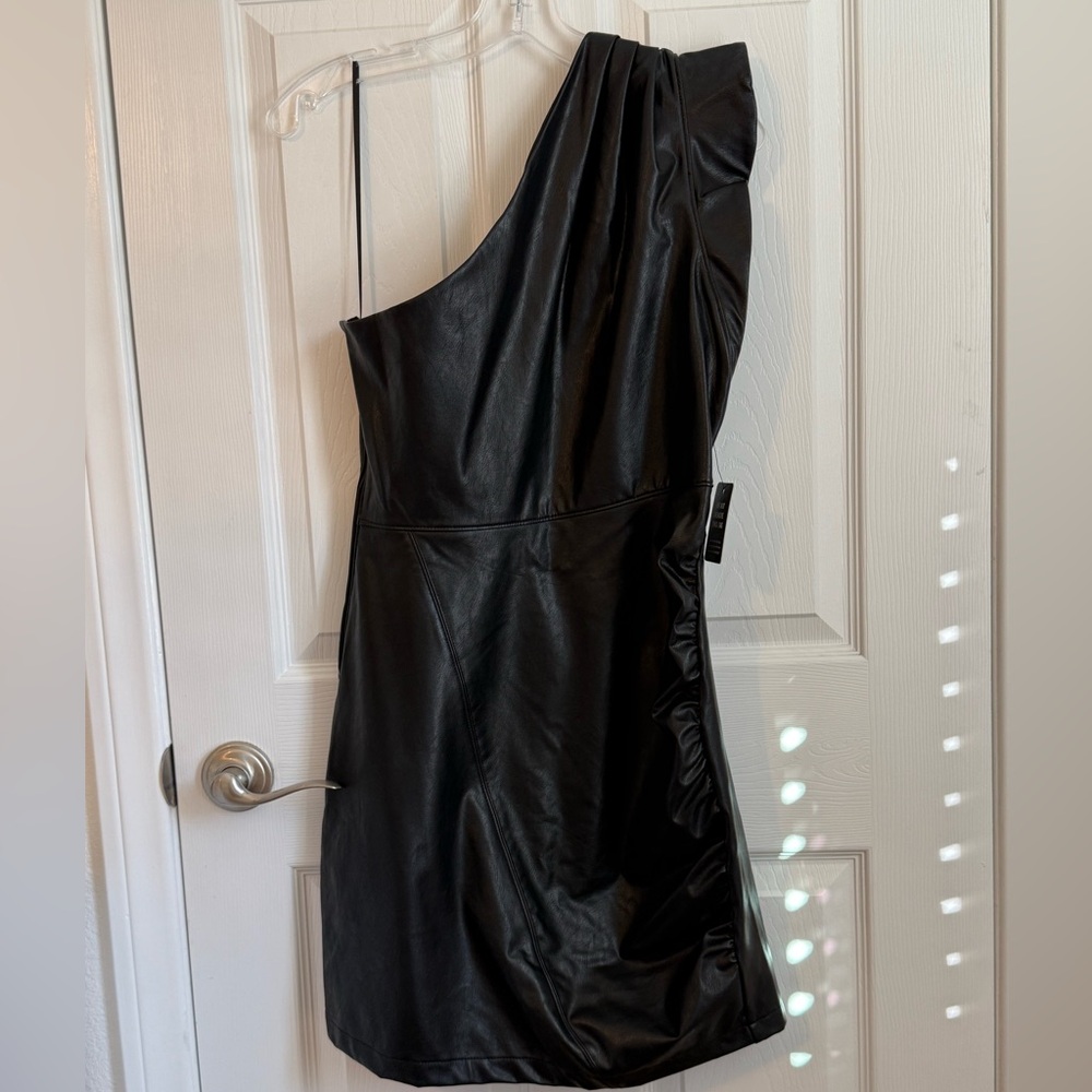 Elegant Express Black  faux leather One-Shoulder Dress
